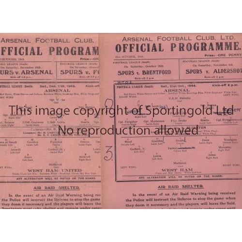 36 - ARSENAL V WEST HAM UNITED    Two single sheet programmes for Arsenal home matches, 11/12/1943, sligh... 