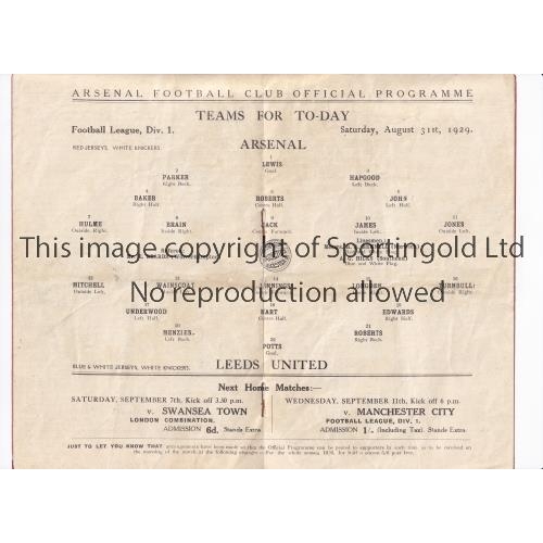 364 - ARSENAL V LEEDS UNITED 1929      Programme for the League match at Arsenal 31/8/1929, slightly creas... 