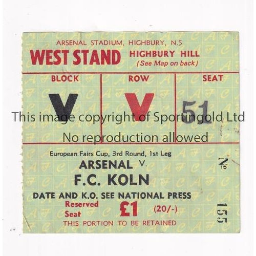 39 - ARSENAL    Ticket for the home Fairs Cup tie v Cologne / Köln 9/3/1971. Arsenal Double season.     G... 