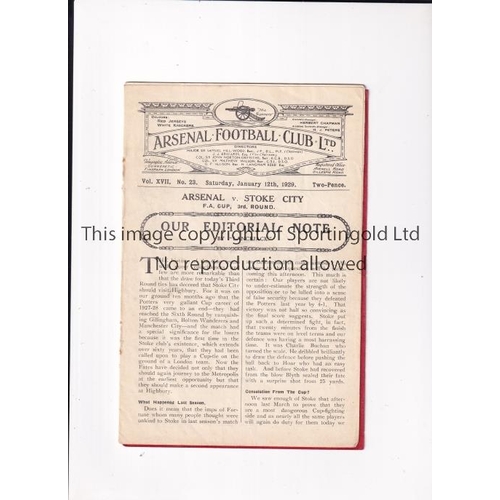 40 - ARSENAL     Programme for the home FA Cup tie v Stoke 12/1/1929, staples removed, team changes and s... 