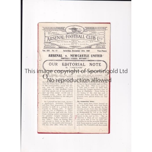 41 - ARSENAL     Programme for the home League match v Newcastle 10/12/1927, folded and re-stapled.     F... 