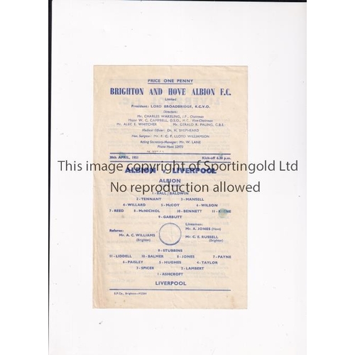 48 - BRIGHTON V LIVERPOOL 1951 BENEFIT MATCH      Single sheet programme for the match at Brighton 30/4/1... 