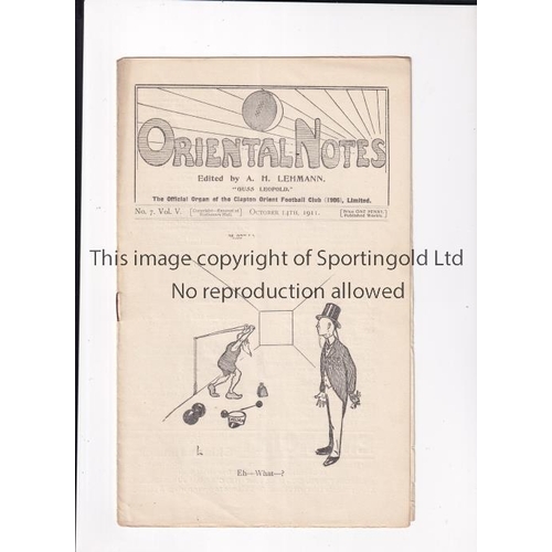 54 - CLAPTON ORIENT V GRIMSBY TOWN 1911    Programme for the League match at Clapton Orient 14/10/1911.  ... 