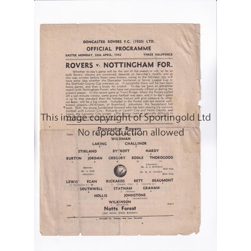 827 - 1943 DONCASTER ROVERS V NOTTINGHAM FOREST   A single sheet programme for the War league game at Donc... 