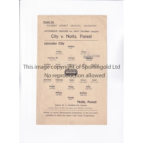 829 - 1947 LEICESTER CITY V NOTTINGHAM FOREST   A single sheet for the league game at Filbert Street on 1/... 