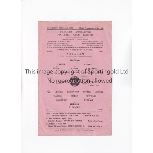 9 - WREXHAM V RUNCORN 1952     Single sheet programme for the Cheshire League match at Wrexham 5/4/1952,... 