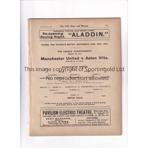 101 - MANCHESTER UNITED         Programme for the away League match v Aston Villa 19/12/1914, ex-binder wi... 