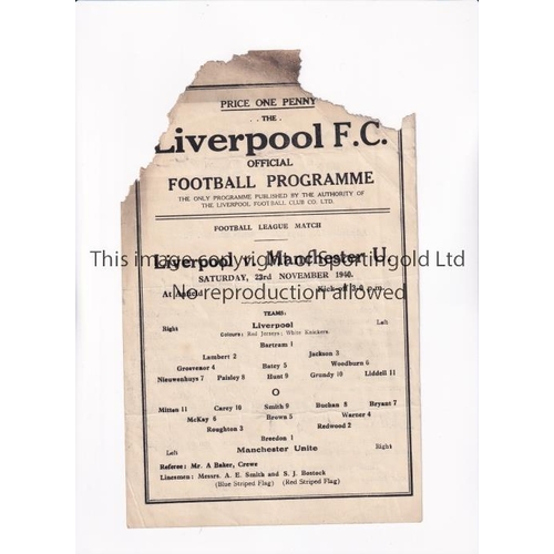 109 - MANCHESTER UNITED         Single sheet programme for the away FL North match v Liverpool 23/11/1940 ... 