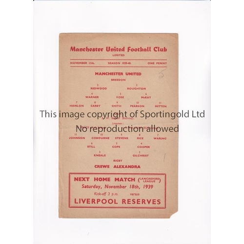 111 - MANCHESTER UNITED         Single card programme for the home Western Division League War match v Cre... 