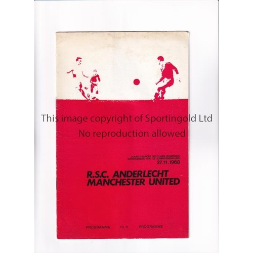 145 - MANCHESTER UNITED      Programme for the away European Cup tie v Anderlecht 27/11/1968, very slight ... 