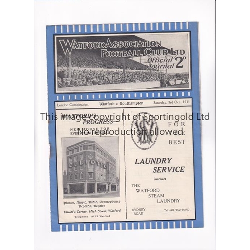 1686 - WATFORD V SOUTHAMPTON 1931      Programme for the London Combination match at Watford 3/10/1931, sta... 