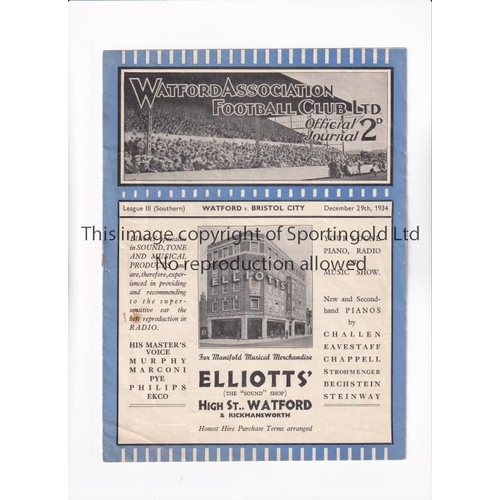 1687 - WATFORD V BRISTOL CITY 1934     Programme for the League match at Watford 29/12/1934, section torn o... 