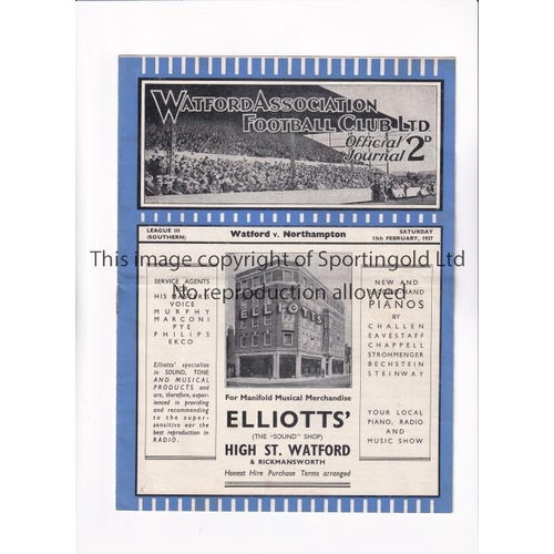 1688 - WATFORD V NORTHAMPTON 1937    Programme and single sheet picture insert for the League match at Watf... 