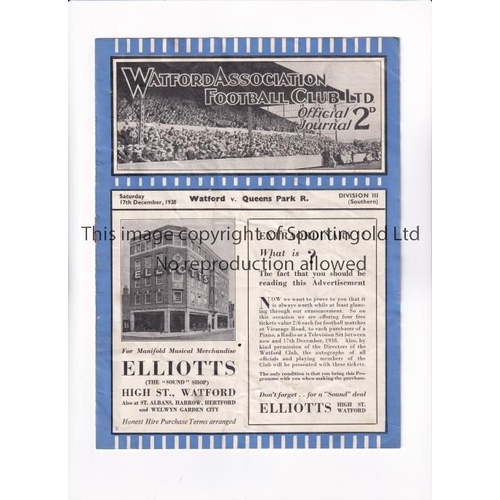 1689 - WATFORD V QPR 1938      Programme for the League match at Watford 17/12/1938, creased.     Generally... 