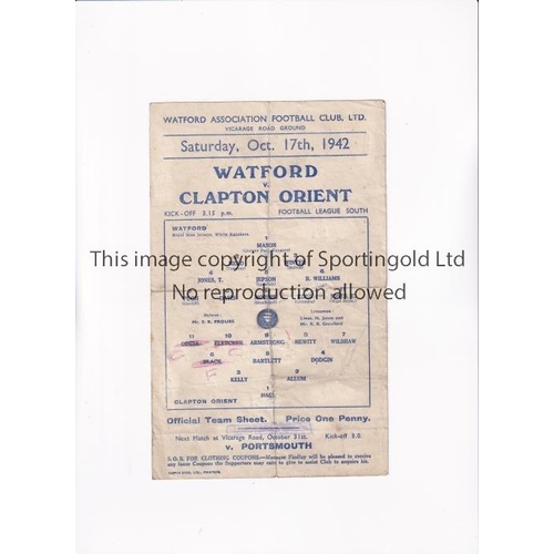 1691 - WATFORD V CLAPTON ORIENT 1942      Single sheet programme for the FL South match at Watford 17/10/19... 