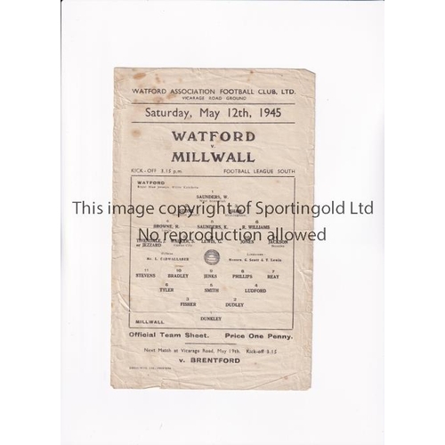 1692 - WATFORD V MILLWALL 1945      Single sheet programme for the FL South match at Watford 12/5/1945, cre... 