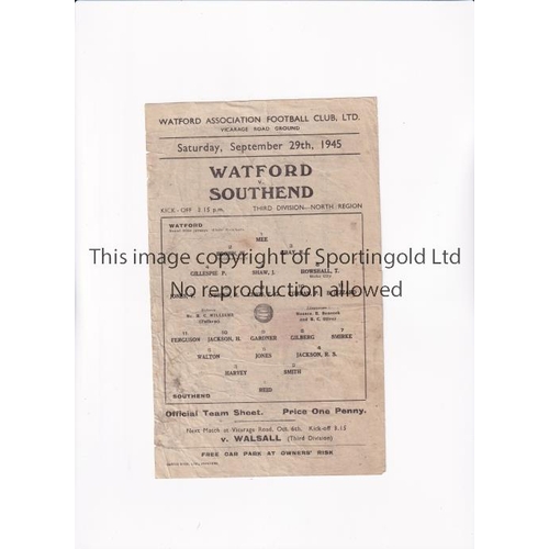 1694 - WATFORD V SOUTHEND UNITED 1945     Single sheet programme for the Division 3 match at Watford 29/9/1... 