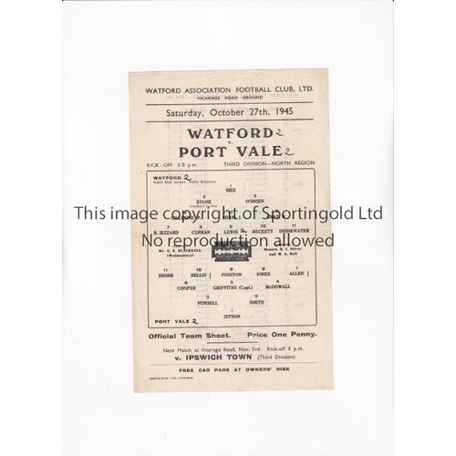 1695 - WATFORD V PORT VALE 1945     Single sheet programme for the Division 3 match at Watford 27/10/1945, ... 