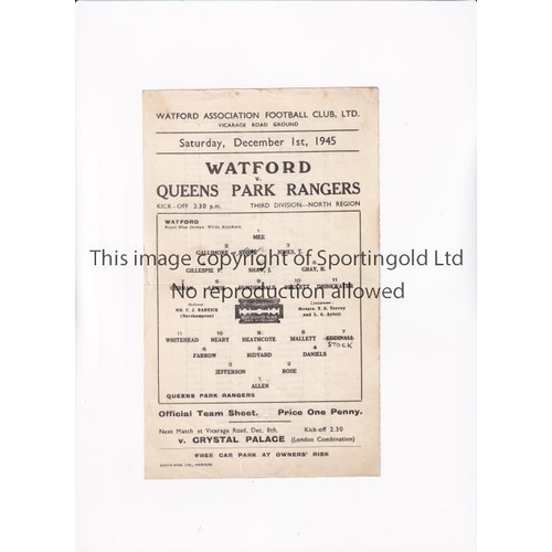 1696 - WATFORD V QPR 1945     Single sheet programme for the Division 3 match at Watford 1/12/1945, slightl... 