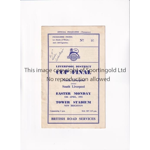 19 - 1952 LIVERPOOL DISTRICT CUP FINAL AT NEW BRIGHTON F.C. / ARTHUR CAIGER AUTOGRAPH    Programme for No... 