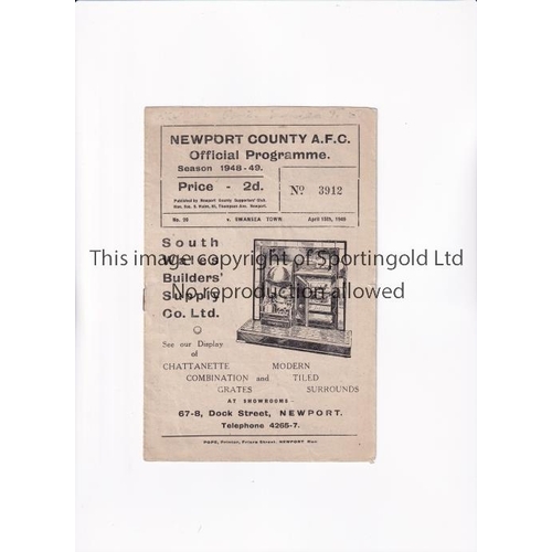 269 - NEWPORT COUNTY V SWANSEA TOWN 1949    Programme for the League match at Newport 15/4/49, slightly cr... 