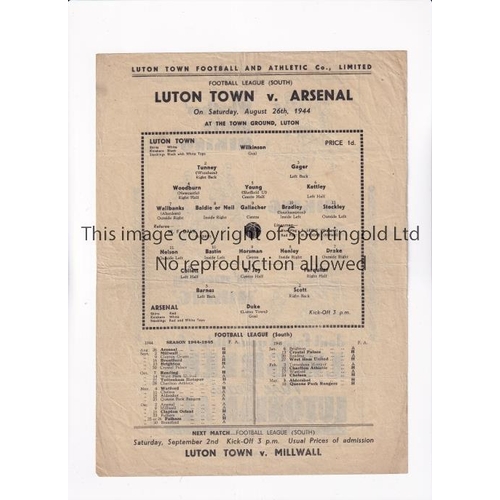 384 - ARSENAL      Single sheet programme for the away FL South match v Luton Town 26/8/1944, slightly cre... 