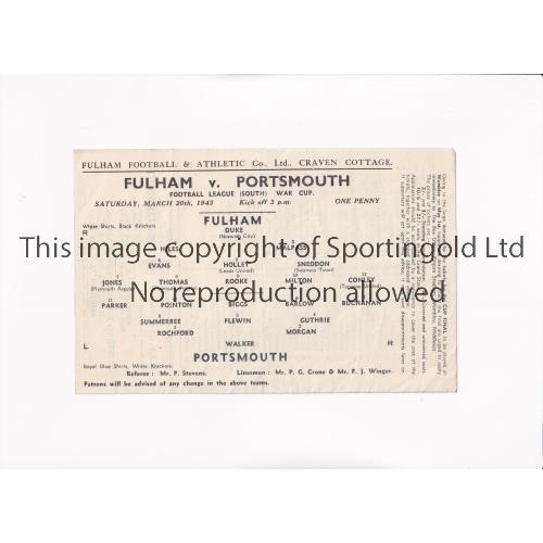 446 - FULHAM V PORTSMOUTH 1943 CUP       Single sheet programme for the FL South War Cup tie at Fulham 20/... 