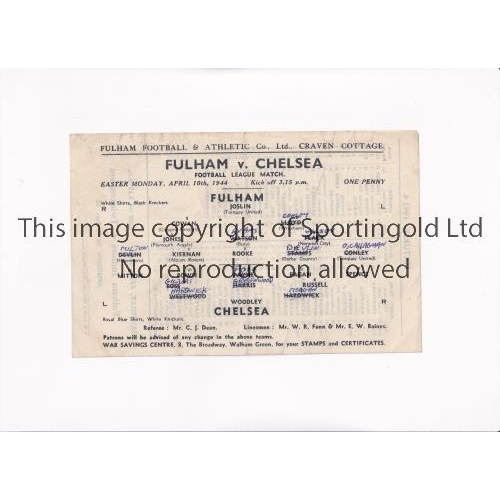 454 - CHELSEA     Single sheet programme for the away F.L. South match v Fulham 10/4/1944, team changes.  ... 