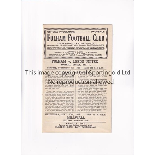 468 - LEEDS UNITED      Programme for the away League match v Fulham 6/9/1947.      Generally good