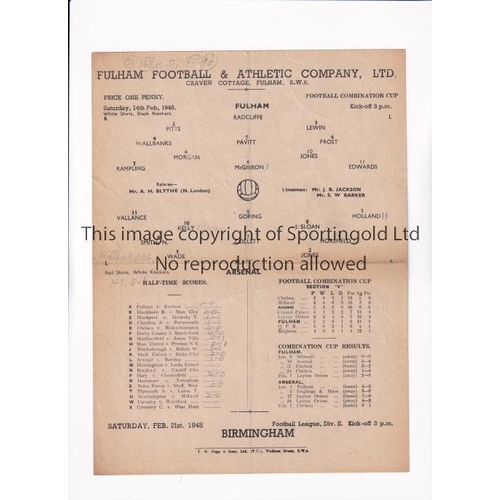 475 - ARSENAL     Single sheet programme for the away Football Combination Cup tie v Fulham 14/2/1948, sli... 