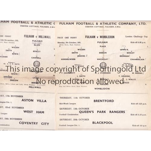 481 - FULHAM     Two home single sheet programmes for London Challenge Cup ties for season 1951/2 v Wimble... 