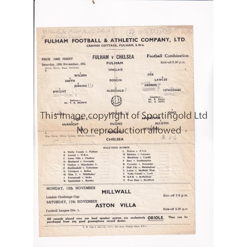 482 - CHELSEA      Programme for the away Football Combination match v Fulham 10/11/1951, slightly creased... 