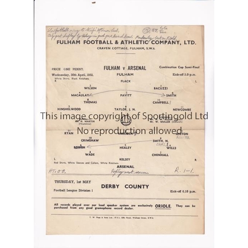 483 - ARSENAL     Programme for the away Football Combination Cup Semi-Final Replay v Fulham 30/4/1952, sl... 