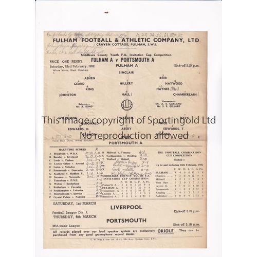 484 - FULHAM V PORTSMOUTH 1952       Single sheet programme for the Middlesex County Youth FA Invitation C... 