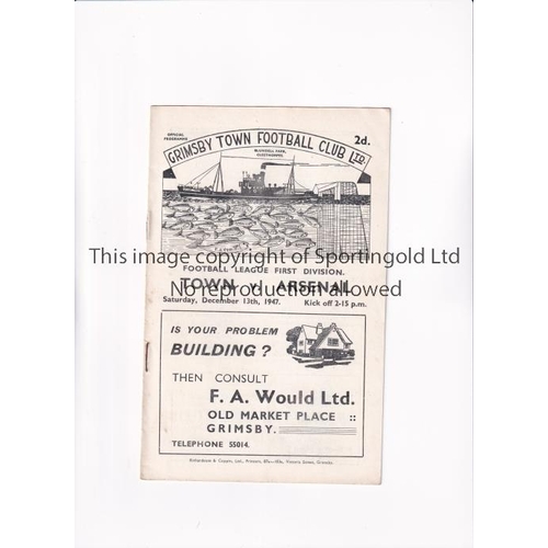 493 - ARSENAL       Programme for the away League match v Grimsby Town 13/12/1947. Arsenal Championship se... 