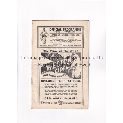 518 - HEREFORD UNITED V ASTON VILLA 1946     Programme for the Birmingham League match at Hereford 26/12/1... 