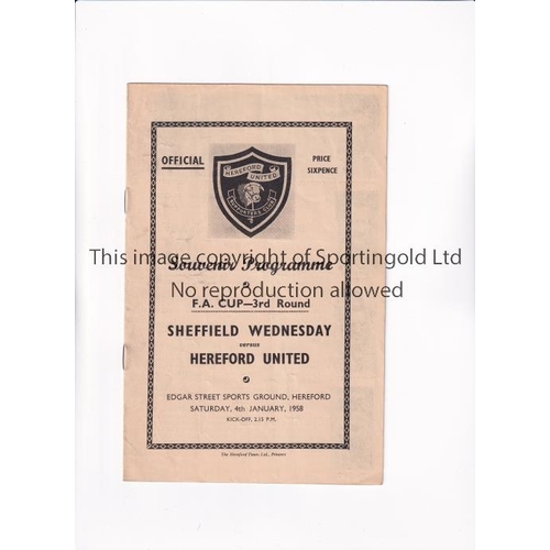 531 - HEREFORD UNITED V SHEFFIELD WEDNESDAY 1958 FA CUP      Programme for the tie at Hereford 4/1/1958, t... 