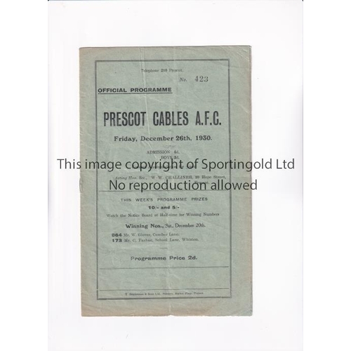 54 - PRESCOT CABLES V HORWICH 1930      Programme for the Lancashire Combination match at Prescot 26/12/1... 