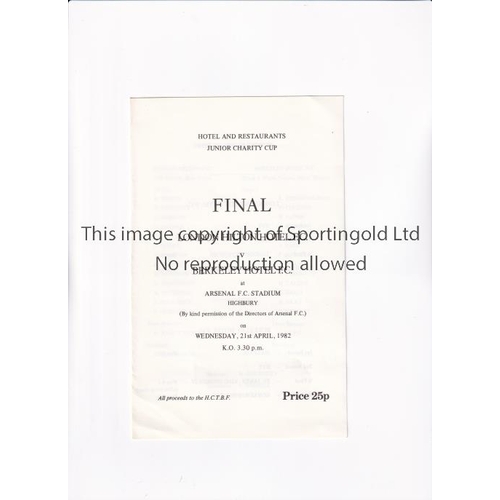 561 - NEUTRAL AT ARSENAL F.C. 1982     Programme for the Hotel and Restaurants Junior Charity Cup Final, L... 