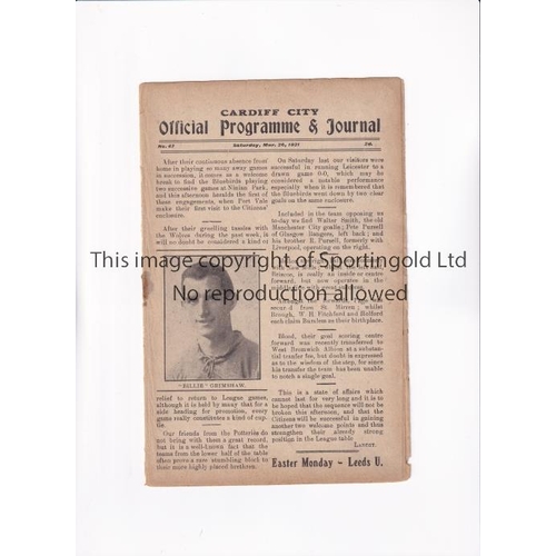 57 - CARDIFF CITY V PORT VALE 1921      Programme for the League match at Cardiff 26/3/1921, ex-binder la... 