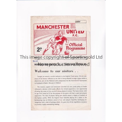 591 - MANCHESTER UNITED V ENGLAND YOUTH XI 1964      Programme for the friendly at Old Trafford on 15/1/64... 