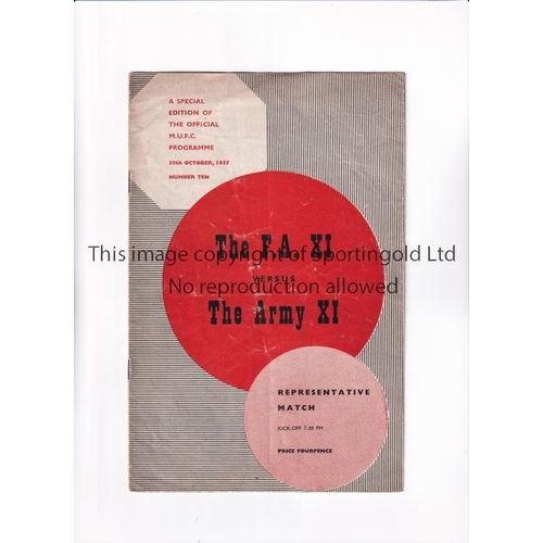 601 - MANCHESTER UNITED FA XI V THE ARMY 1957    Programme for the friendly at Old Trafford on 30/10/57, c... 