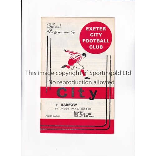 62 - BARROW 1971-2 / FINAL LEAGUE MATCH      Programme for the away match at Exeter City 29/4/1972. Exete... 