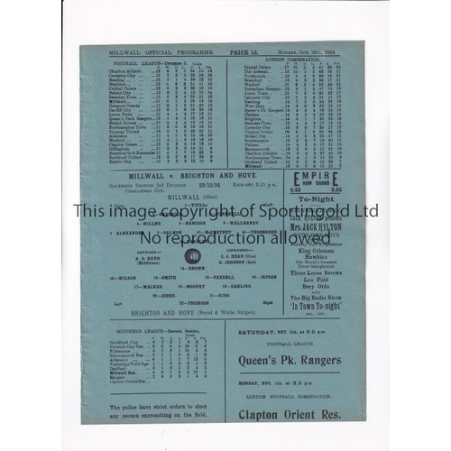 662 - MILLWALL V BRIGHTON 1934      Single sheet programme for the Southern Section 3rd Division Cup tie a... 