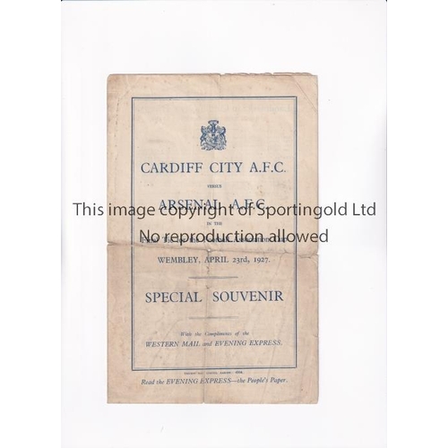 81 - 1927 FA CUP FINAL / ARSENAL V CARDIFF CITY      Souvenir Issued by Western Mail.  Folded and slightl... 