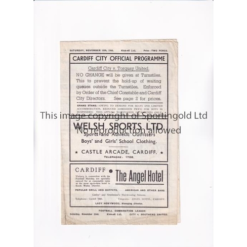 94 - CARDIFF CITY V TORQUAY UNITED 1946      Programme for the League match at Cardiff 16/11/1946, slight... 