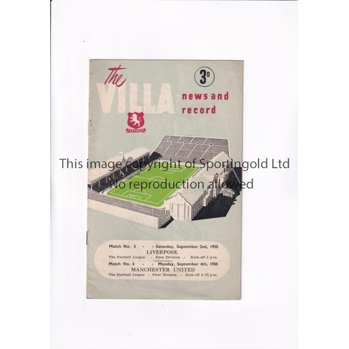 104 - MANCHESTER UNITED   Joint issue Aston Villa programme for the league match 4/9/50 and v Liverpool 2/... 