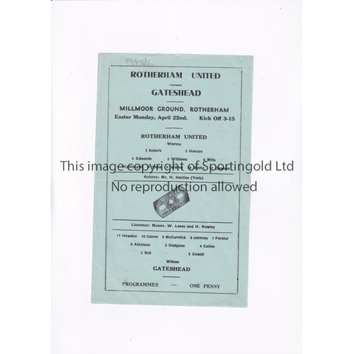 1466 - ROTHERHAM UNITED V GATESHEAD 1946     Single sheet programme for the match at Rotherham 22/4/1946.  ... 