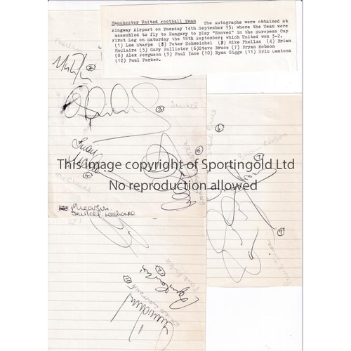 1488 - MANCHESTER UNITED AUTOGRAPHS 1993       Three signed lined sheets obtained at Ringway Airport where ... 