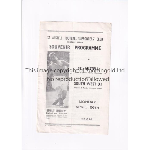 1837 - STANLEY MATTHEWS         Programme for the home Friendly at St. Austell v South West XI 26/4/1954. S... 